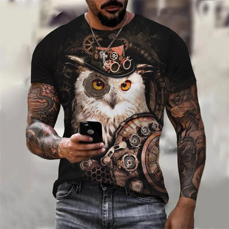3D Printed Cool Owl T-Shirt For Men Animal Pattern Tees Summer Oversized Round Neck Tops Short Sleeve