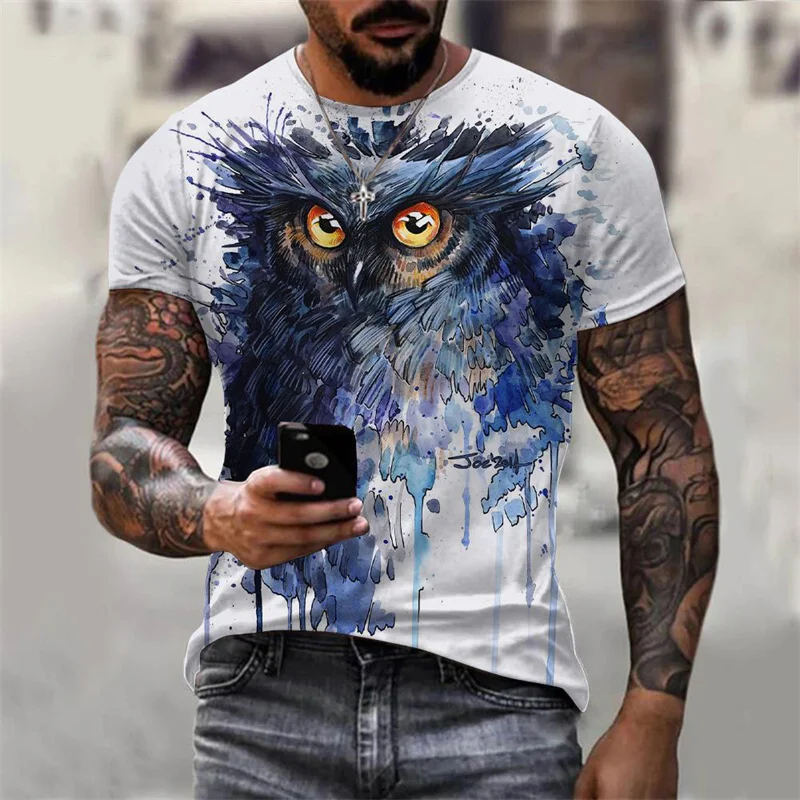 3D Printed Cool Owl T-Shirt For Men Animal Pattern Tees Summer Oversized Round Neck Tops Short Sleeve