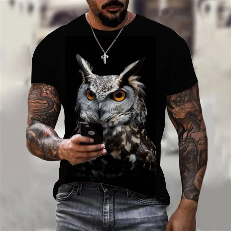 3D Printed Cool Owl T-Shirt For Men Animal Pattern Tees Summer Oversized Round Neck Tops Short Sleeve