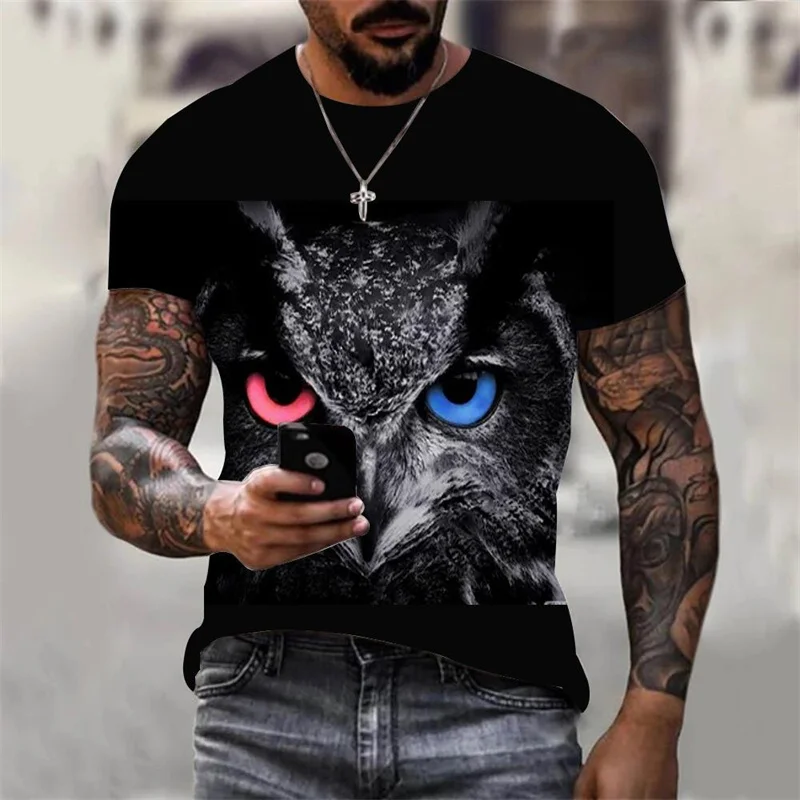 3D Printed Cool Owl T-Shirt For Men Animal Pattern Tees Summer Oversized Round Neck Tops Short Sleeve