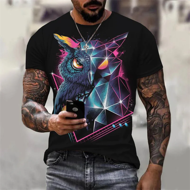 3D Printed Cool Owl T-Shirt For Men Animal Pattern Tees Summer Oversized Round Neck Tops Short Sleeve