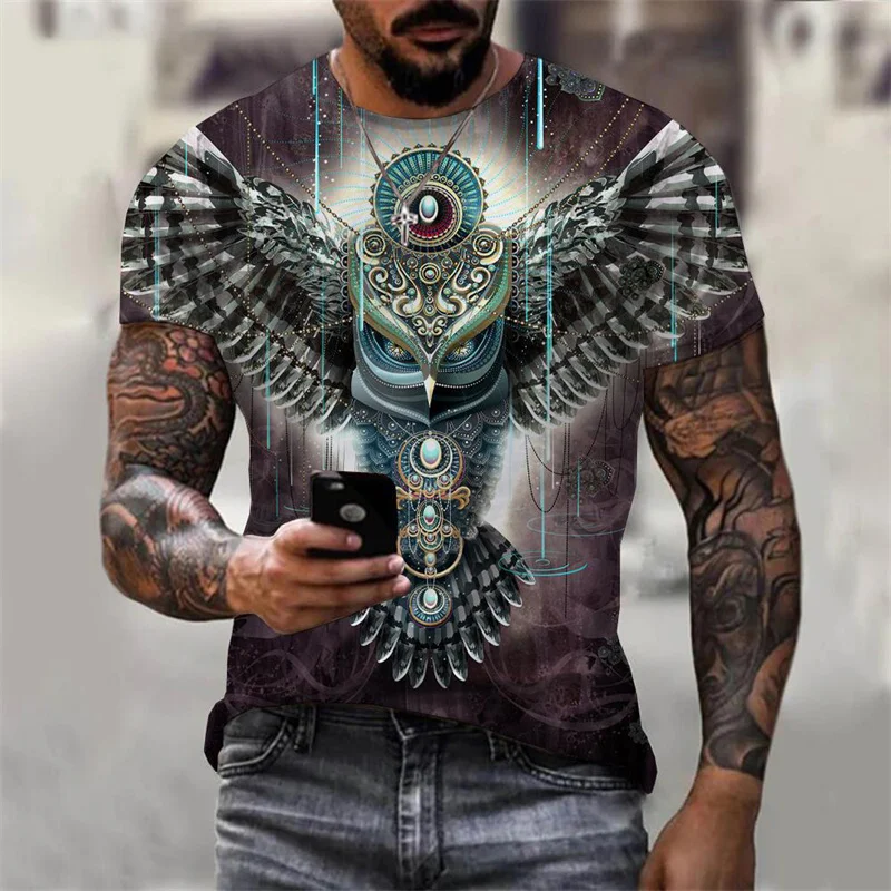 3D Printed Cool Owl T-Shirt For Men Animal Pattern Tees Summer Oversized Round Neck Tops Short Sleeve