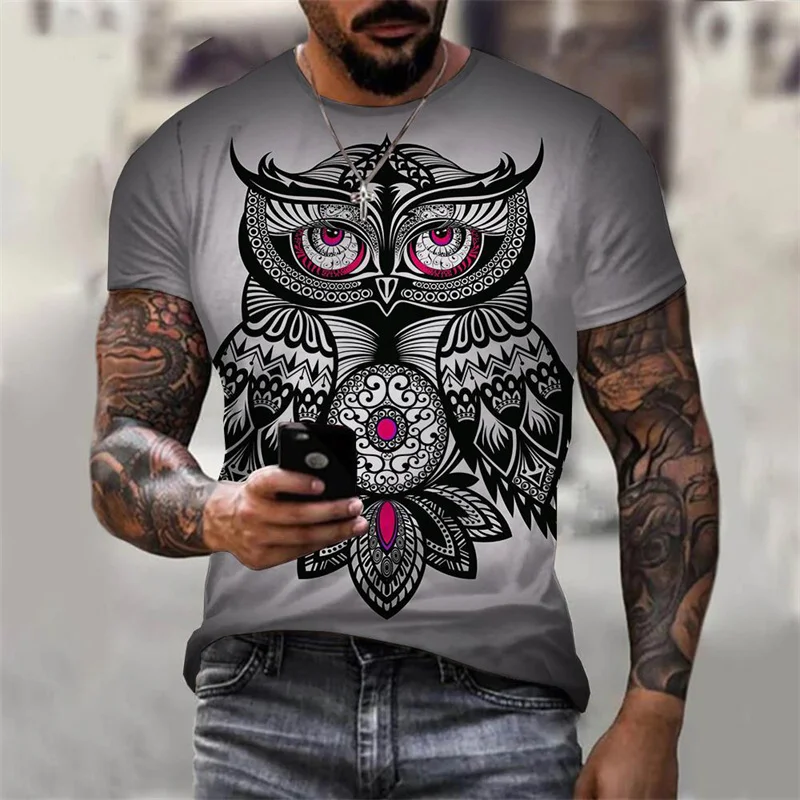 3D Printed Cool Owl T-Shirt For Men Animal Pattern Tees Summer Oversized Round Neck Tops Short Sleeve