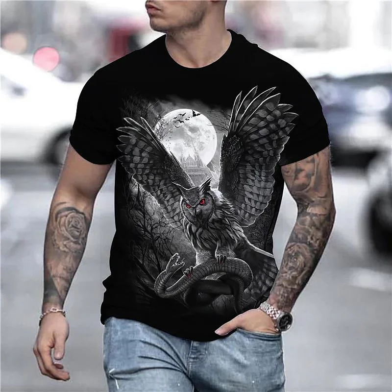 3D Printed Cool Owl T-Shirt For Men Animal Pattern Tees Summer Oversized Round Neck Tops Short Sleeve
