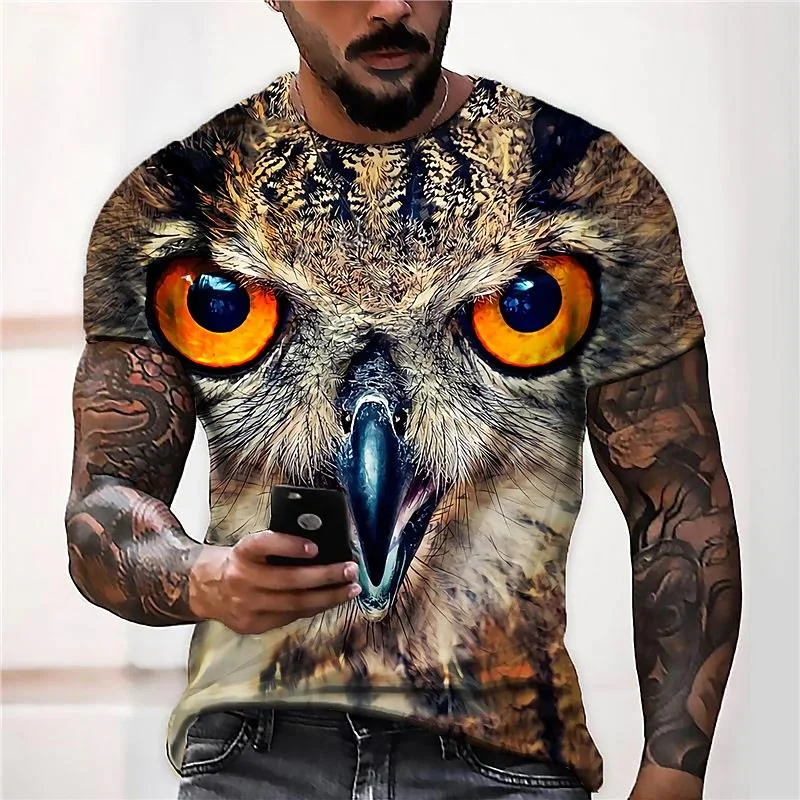 3D Printed Cool Owl T-Shirt For Men Animal Pattern Tees Summer Oversized Round Neck Tops Short Sleeve