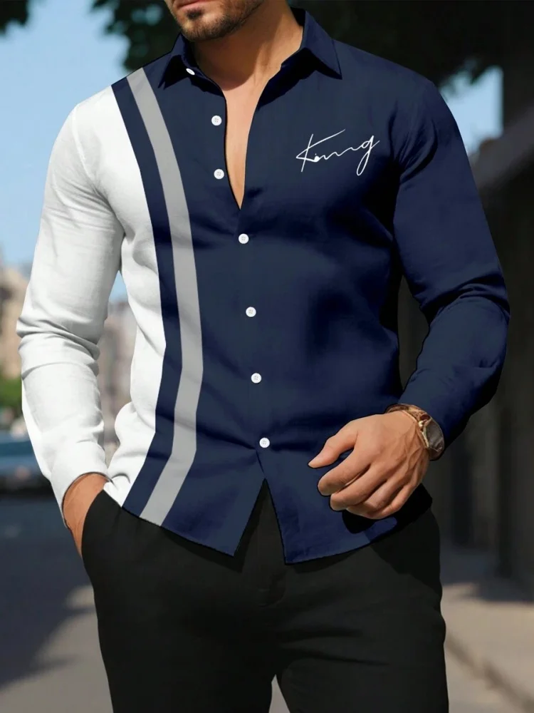 Striped Printed Men's Long-sleeved Shirt Summer Casual Men's Single-breasted Shirt