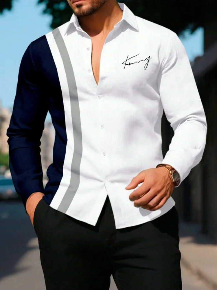 Striped Printed Men's Long-sleeved Shirt Summer Casual Men's Single-breasted Shirt