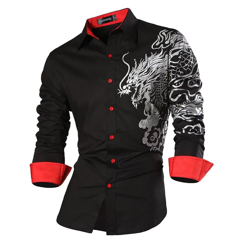 Sportrendy Men's Shirt Dress Casual Long Sleeve Fashion Dragon Stylish