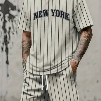 Two-piece Set New York Letter Print Men's Short Sleeve And Shorts Set Everyday Casual Men's T-shirt