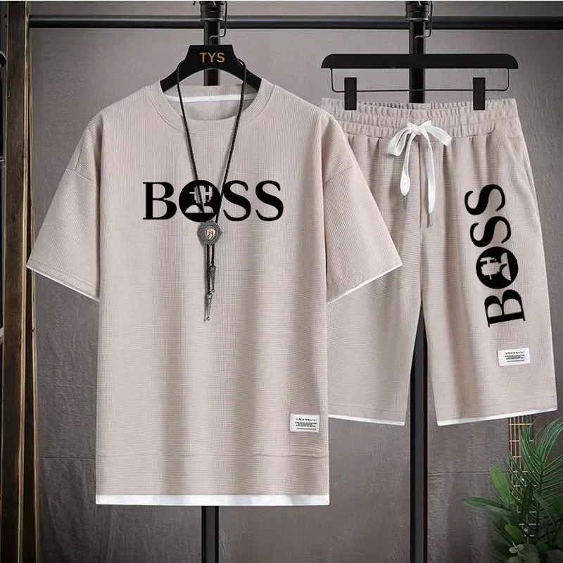 2PCS Summer 2025 new men's breathable short sleeve T-shirt + quick drying shorts outdoor casual top