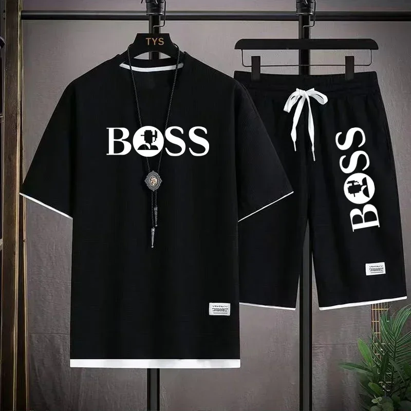 2PCS Summer 2025 new men's breathable short sleeve T-shirt + quick drying shorts outdoor casual top