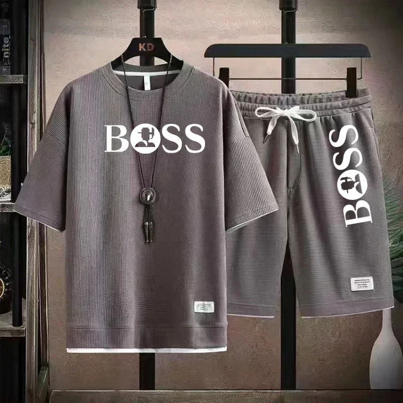 2PCS Summer 2025 new men's breathable short sleeve T-shirt + quick drying shorts outdoor casual top