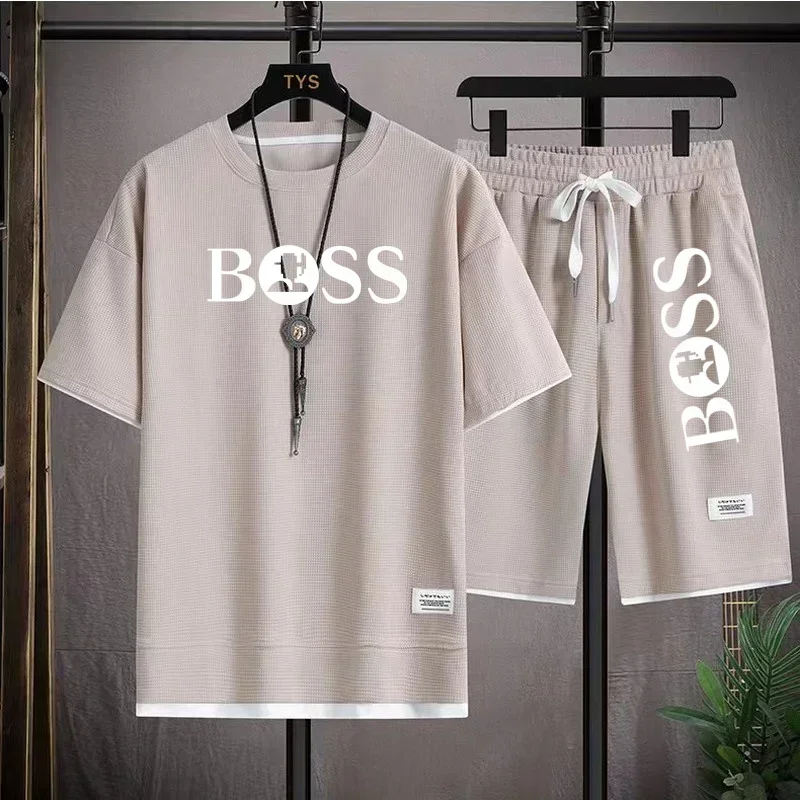 2PCS Summer 2025 new men's breathable short sleeve T-shirt + quick drying shorts outdoor casual top