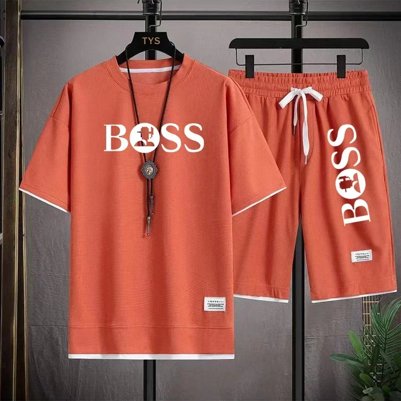 2PCS Summer 2025 new men's breathable short sleeve T-shirt + quick drying shorts outdoor casual top
