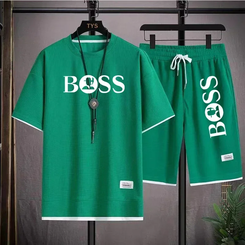 2PCS Summer 2025 new men's breathable short sleeve T-shirt + quick drying shorts outdoor casual top