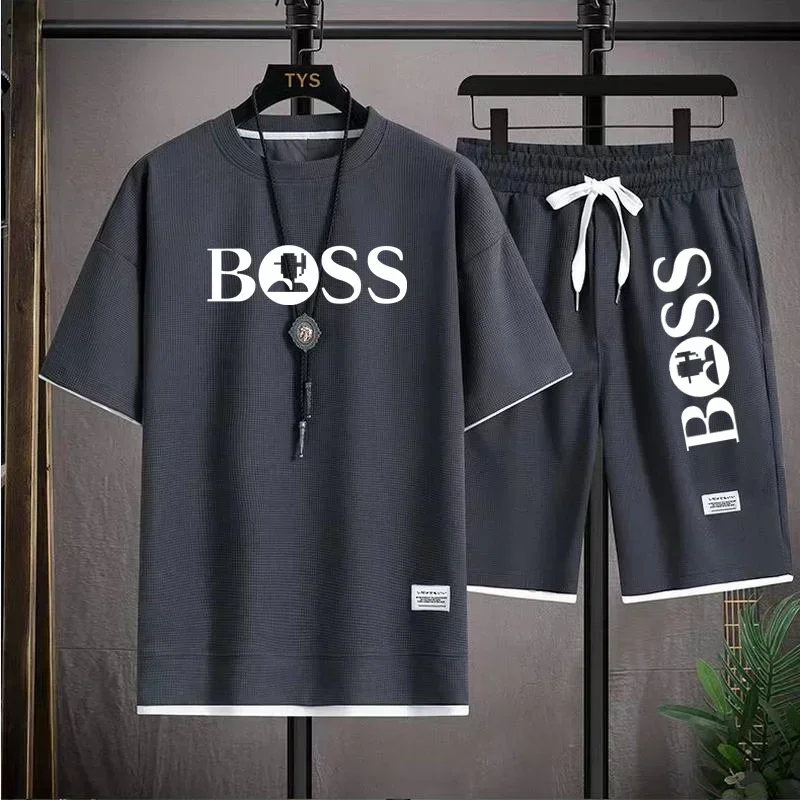 2PCS Summer 2025 new men's breathable short sleeve T-shirt + quick drying shorts outdoor casual top