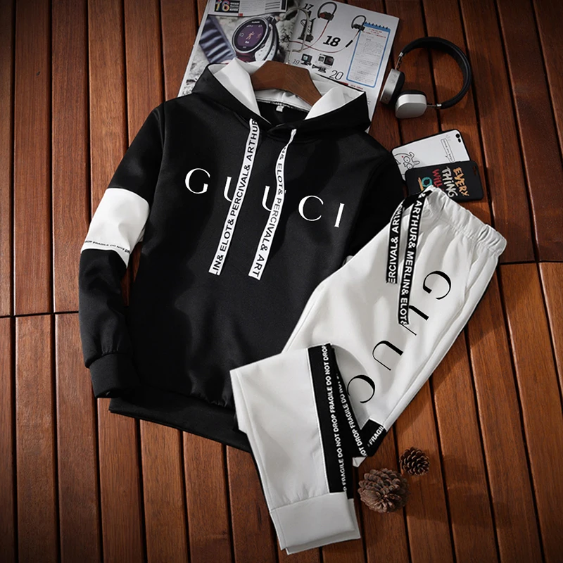 Gucci Inspired Mens Tracksuit - 2PC Trendy Print Hoodie Set (Black/White) Gucci Inspired Mens Tracksuit - 2PC Trendy Print Hoodie Set (Black/White)