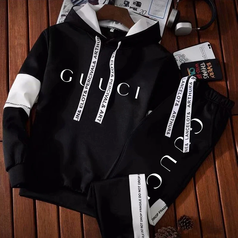 Gucci Inspired Mens Tracksuit - 2PC Trendy Print Hoodie Set (Black/White) Gucci Inspired Mens Tracksuit - 2PC Trendy Print Hoodie Set (Black/White)