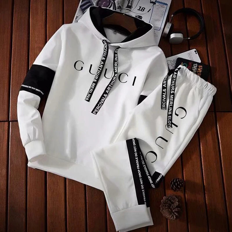Gucci Inspired Mens Tracksuit - 2PC Trendy Print Hoodie Set (Black/White) Gucci Inspired Mens Tracksuit - 2PC Trendy Print Hoodie Set (Black/White)