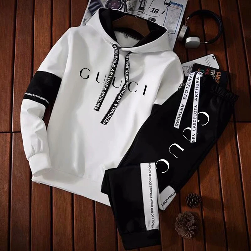Gucci Inspired Mens Tracksuit - 2PC Trendy Print Hoodie Set (Black/White) Gucci Inspired Mens Tracksuit - 2PC Trendy Print Hoodie Set (Black/White)