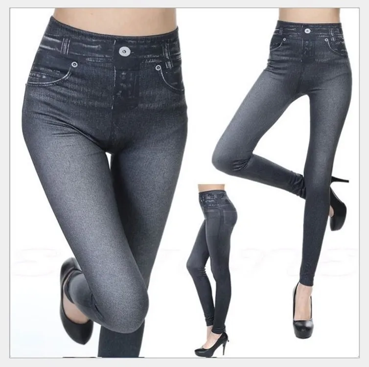 2025 Women's Faux Denim Leggings - Long Pocket Pencil Pants, Sizes S-5XL