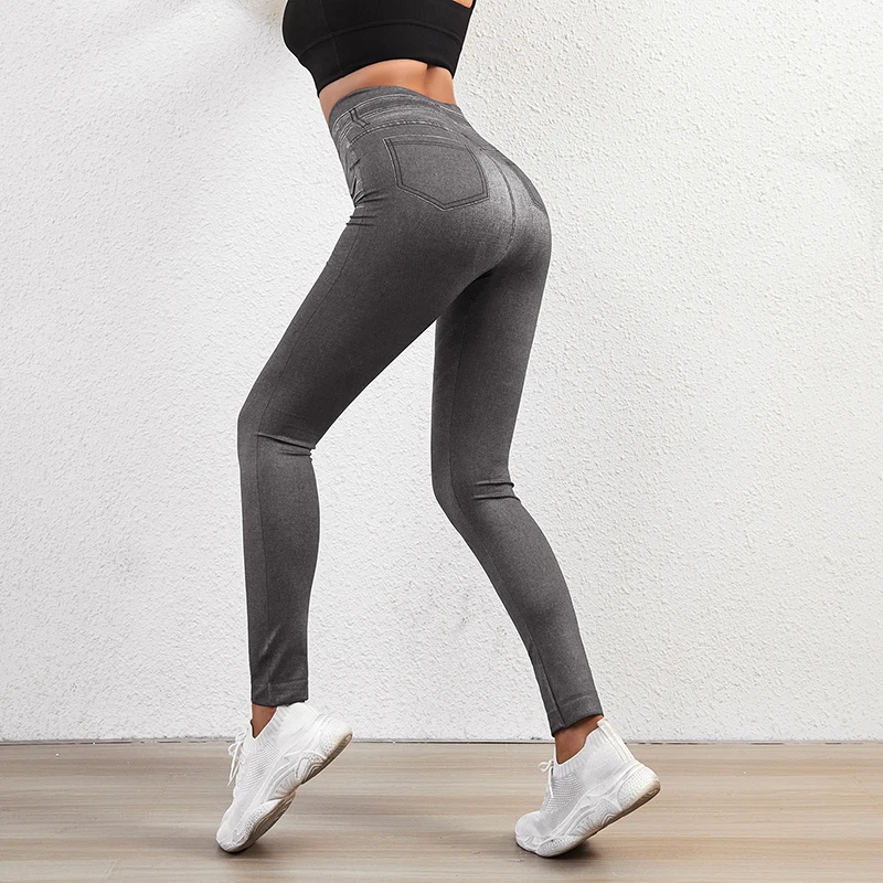 Stretch Well High-Waisted Faux Denim Leggings - Fake Pocket Leggings for Women