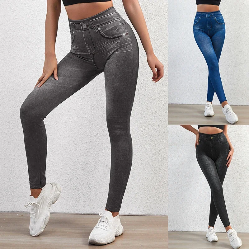 Stretch Well High-Waisted Faux Denim Leggings - Fake Pocket Leggings for Women