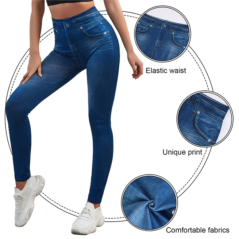 Stretch Well High-Waisted Faux Denim Leggings - Fake Pocket Leggings for Women