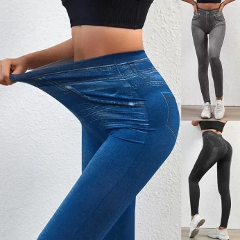 Stretch Well High-Waisted Faux Denim Leggings - Fake Pocket Leggings for Women