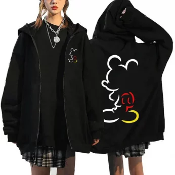 2025 Disney Mickey Mouse Women's Zipper Hoodie - Fall/Winter Fleece Jacket, Korean-Style Cartoon Coat