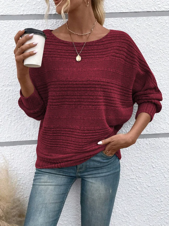 2025 Women's Casual Sweater - Loose Fit Long Sleeve Pullover with Round Collar and Splicing Detail, Solid Colors