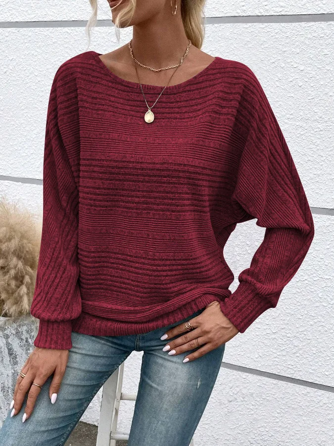 2025 Women's Casual Sweater - Loose Fit Long Sleeve Pullover with Round Collar and Splicing Detail, Solid Colors