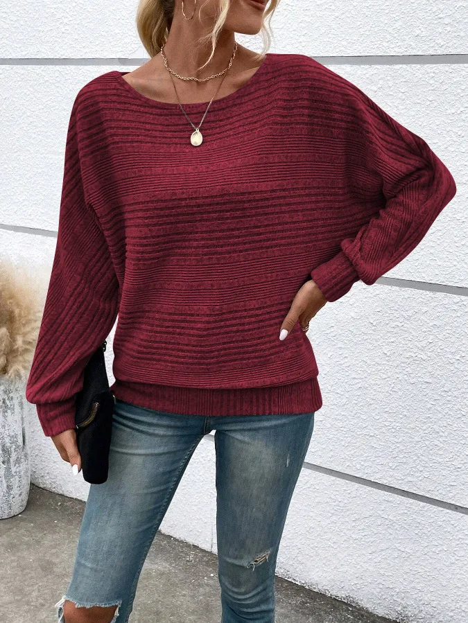 2025 Women's Casual Sweater - Loose Fit Long Sleeve Pullover with Round Collar and Splicing Detail, Solid Colors