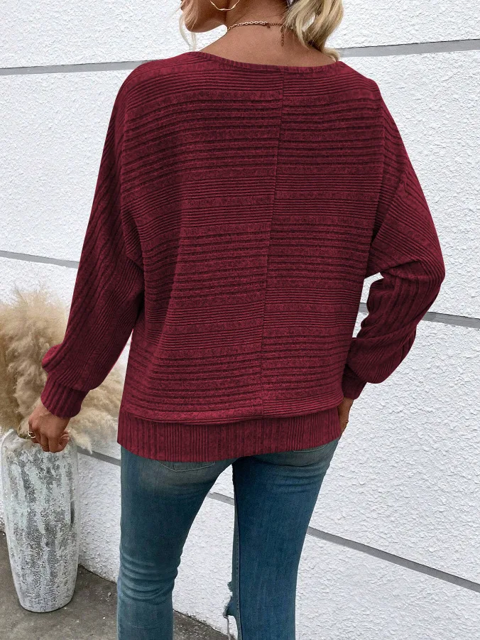 2025 Women's Casual Sweater - Loose Fit Long Sleeve Pullover with Round Collar and Splicing Detail, Solid Colors