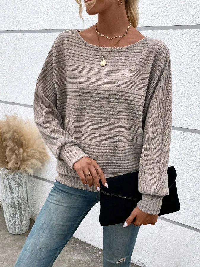 2025 Women's Casual Sweater - Loose Fit Long Sleeve Pullover with Round Collar and Splicing Detail, Solid Colors