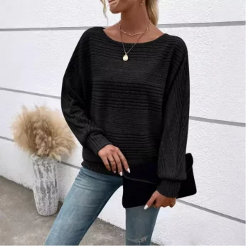 2025 Women's Casual Sweater - Loose Fit Long Sleeve Pullover with Round Collar and Splicing Detail, Solid Colors