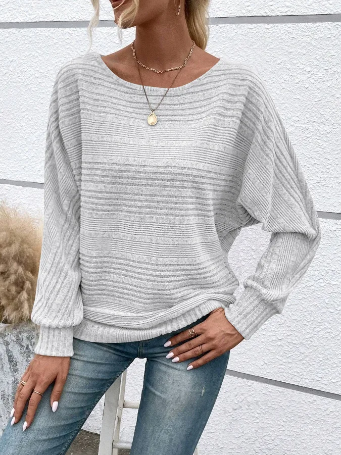 2025 Women's Casual Sweater - Loose Fit Long Sleeve Pullover with Round Collar and Splicing Detail, Solid Colors