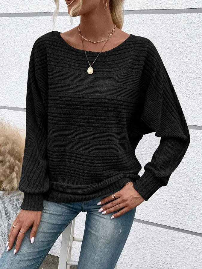 2025 Women's Casual Sweater - Loose Fit Long Sleeve Pullover with Round Collar and Splicing Detail, Solid Colors