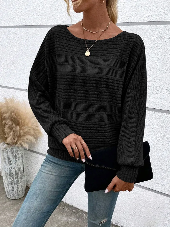 2025 Women's Casual Sweater - Loose Fit Long Sleeve Pullover with Round Collar and Splicing Detail, Solid Colors