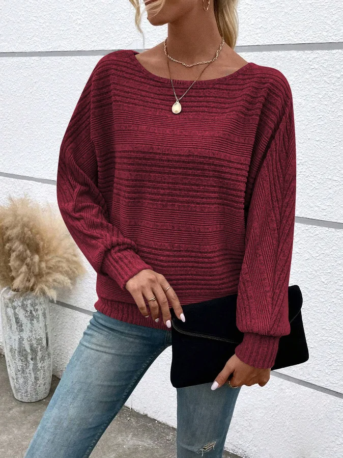 2025 Women's Casual Sweater - Loose Fit Long Sleeve Pullover with Round Collar and Splicing Detail, Solid Colors