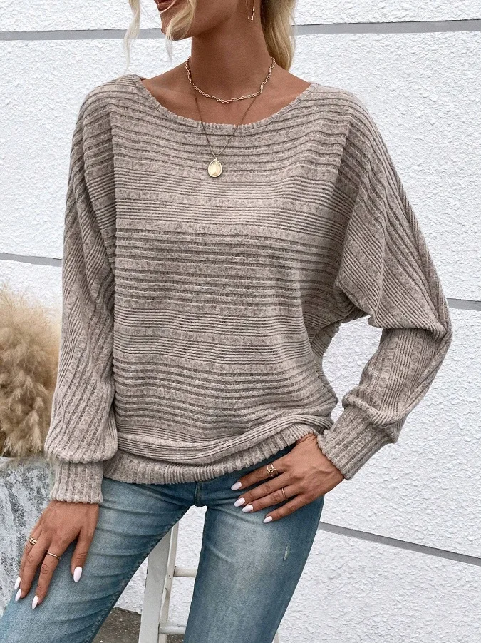 2025 Women's Casual Sweater - Loose Fit Long Sleeve Pullover with Round Collar and Splicing Detail, Solid Colors