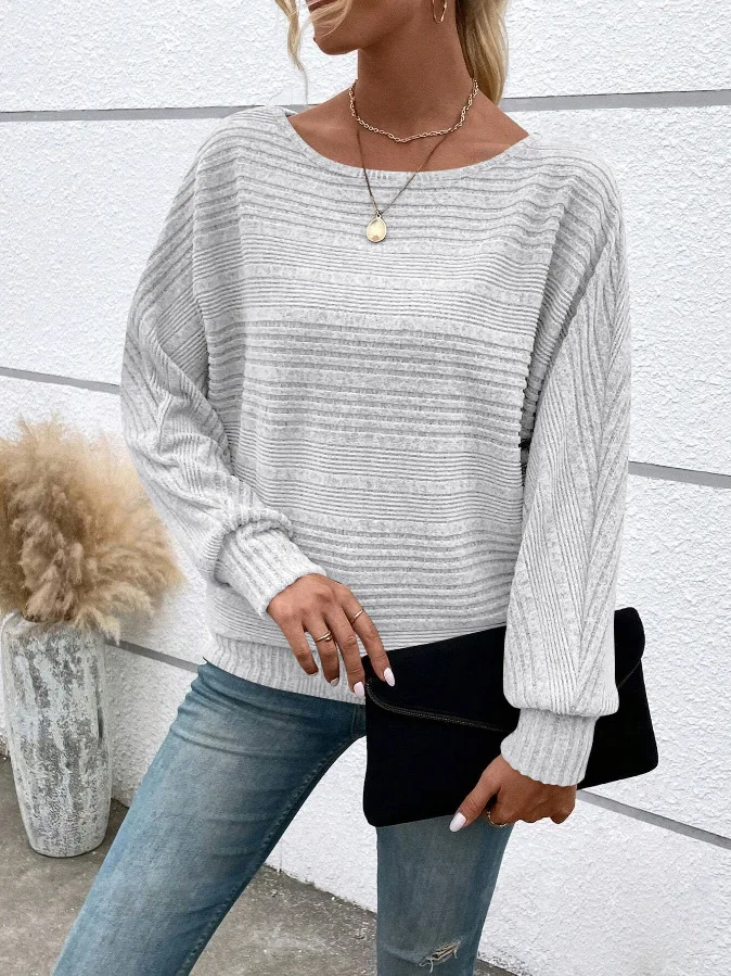 2025 Women's Casual Sweater - Loose Fit Long Sleeve Pullover with Round Collar and Splicing Detail, Solid Colors