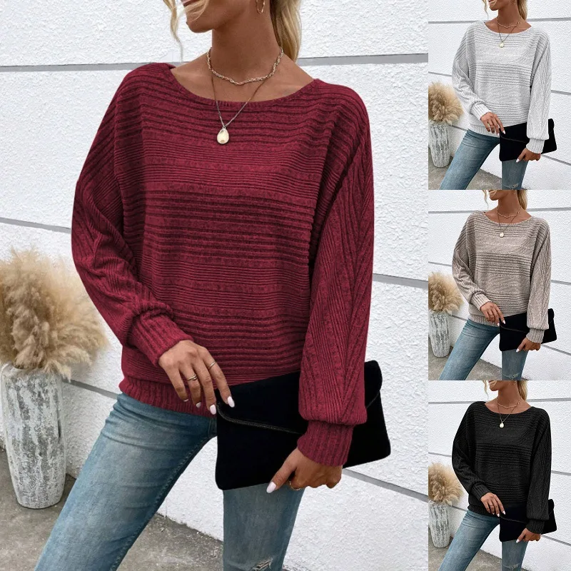2025 Women's Casual Sweater - Loose Fit Long Sleeve Pullover with Round Collar and Splicing Detail, Solid Colors
