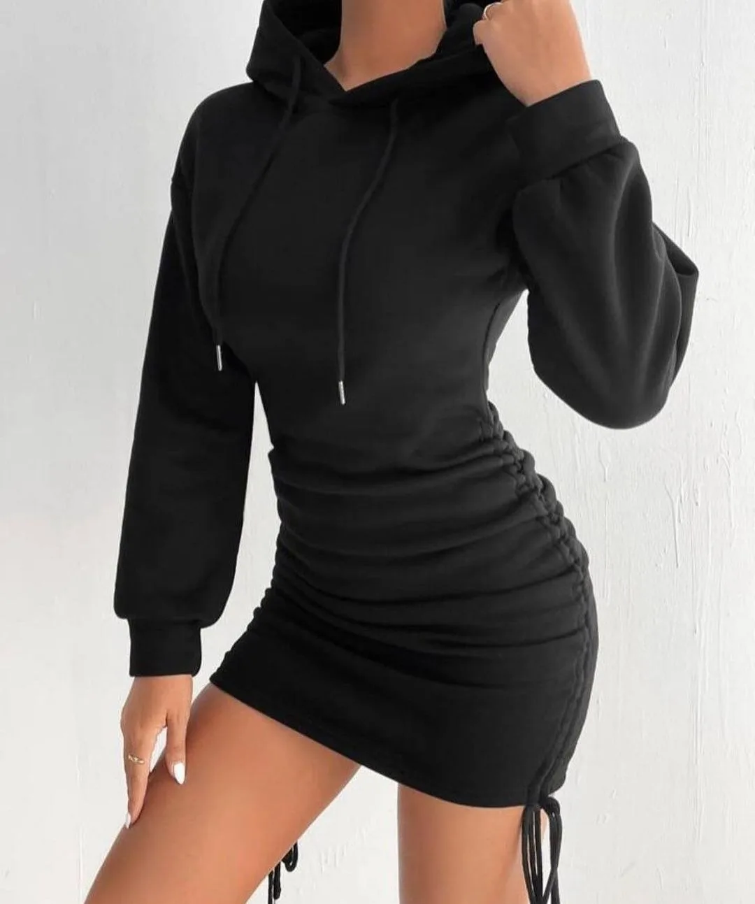 2025 Women's Hooded Mini Skirt Dress - Autumn/Winter Sexy Design with Drawstring, Long Sleeves and Hip Wrap Detail