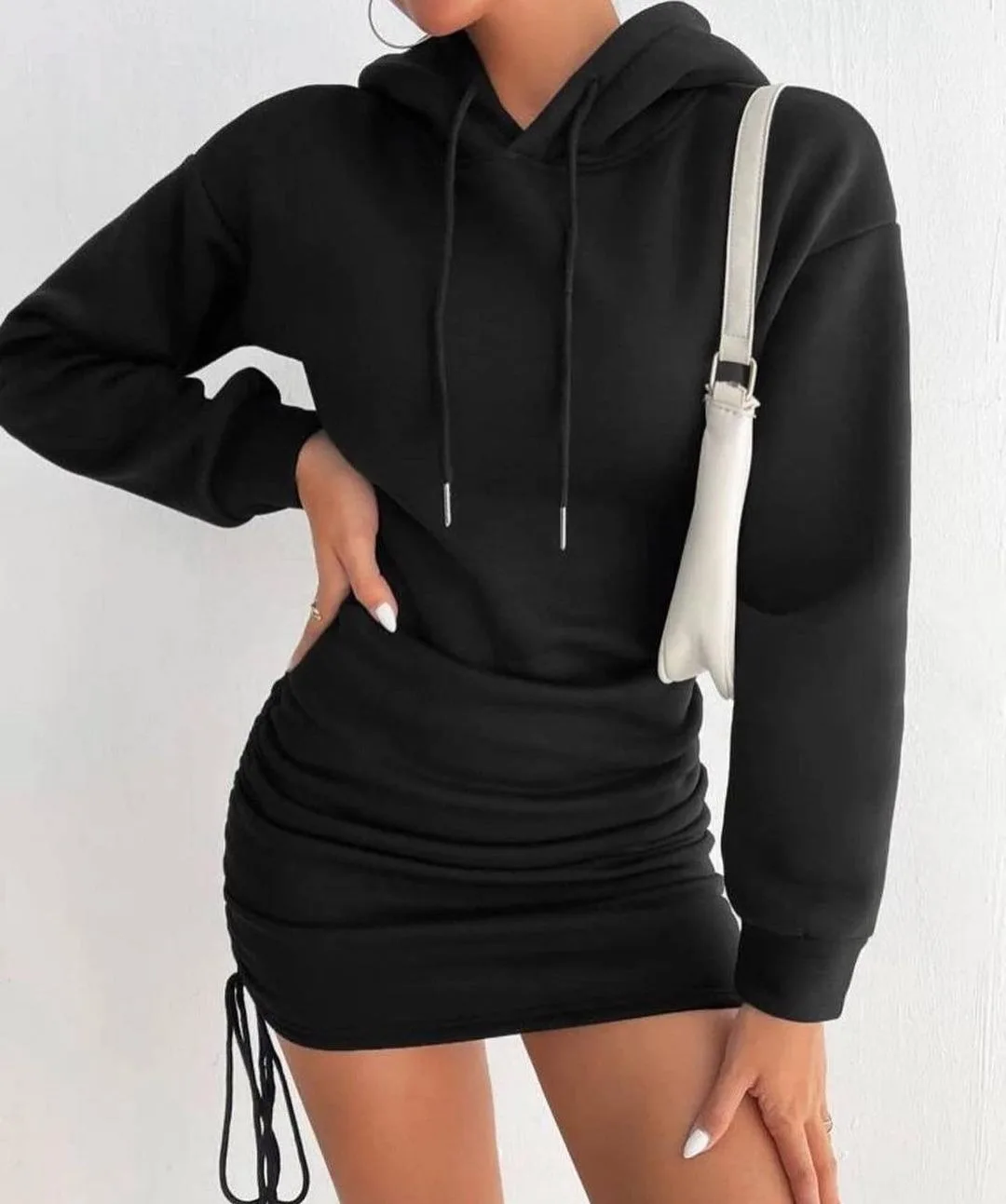 2025 Women's Hooded Mini Skirt Dress - Autumn/Winter Sexy Design with Drawstring, Long Sleeves and Hip Wrap Detail