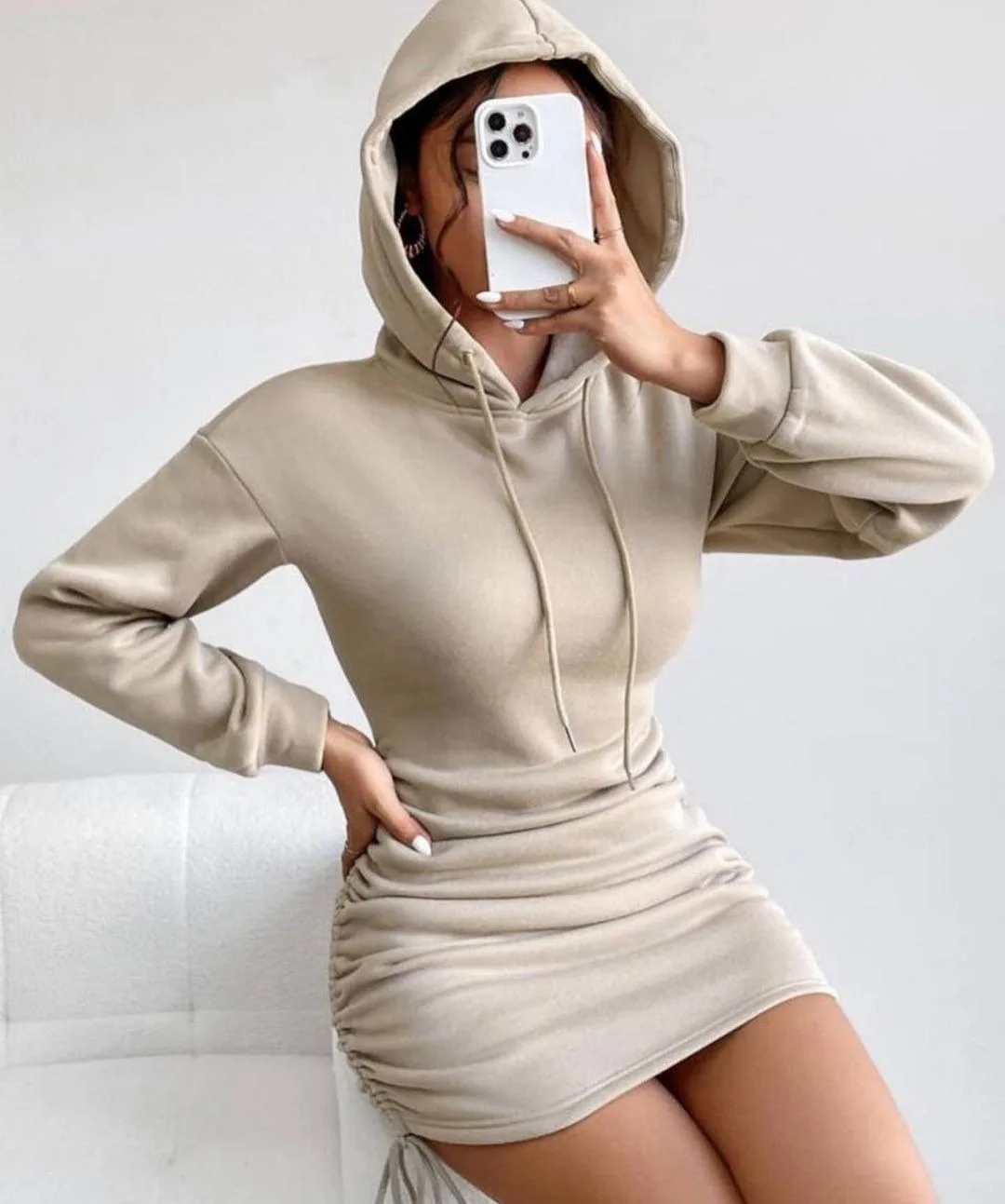 2025 Women's Hooded Mini Skirt Dress - Autumn/Winter Sexy Design with Drawstring, Long Sleeves and Hip Wrap Detail