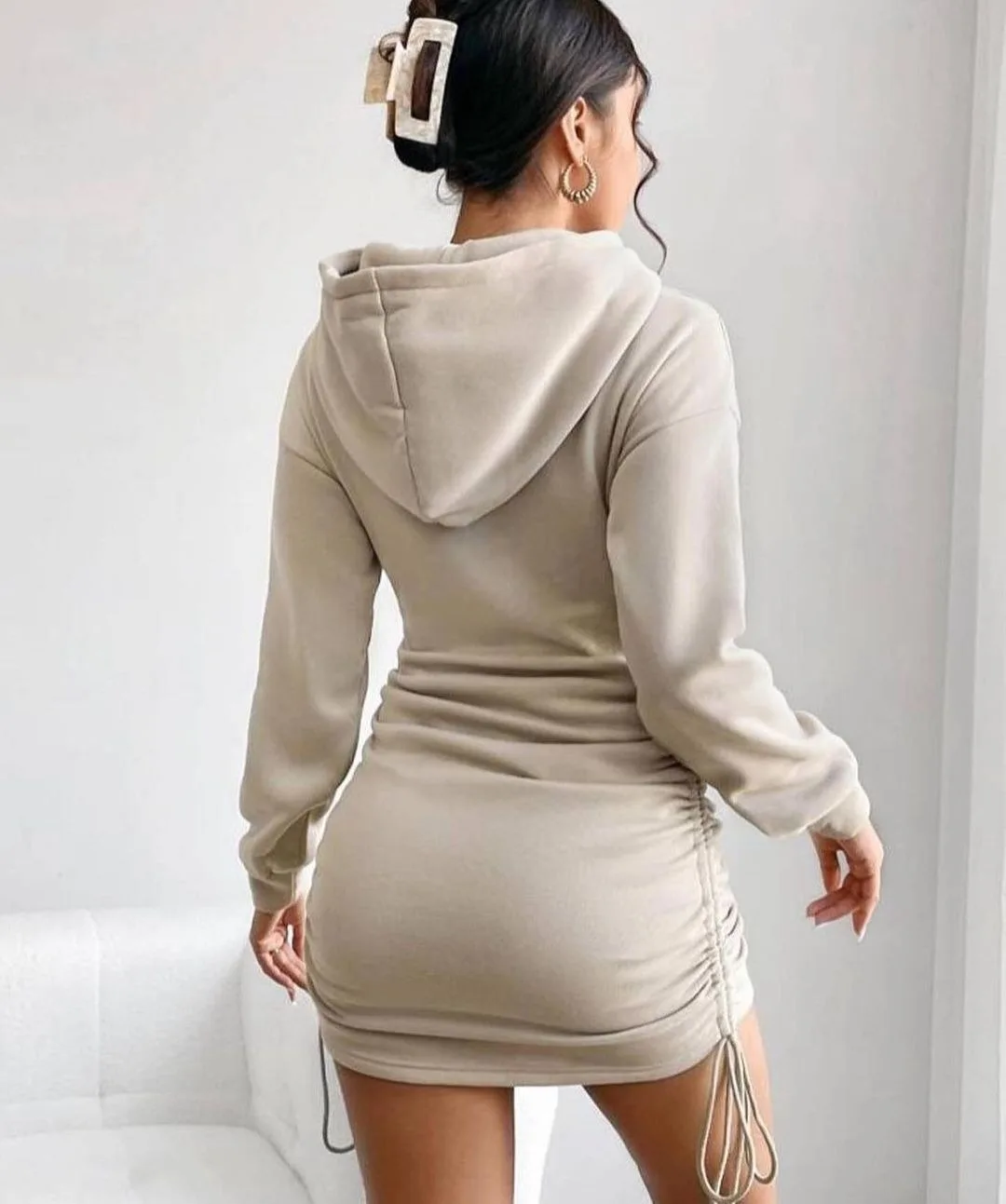 2025 Women's Hooded Mini Skirt Dress - Autumn/Winter Sexy Design with Drawstring, Long Sleeves and Hip Wrap Detail