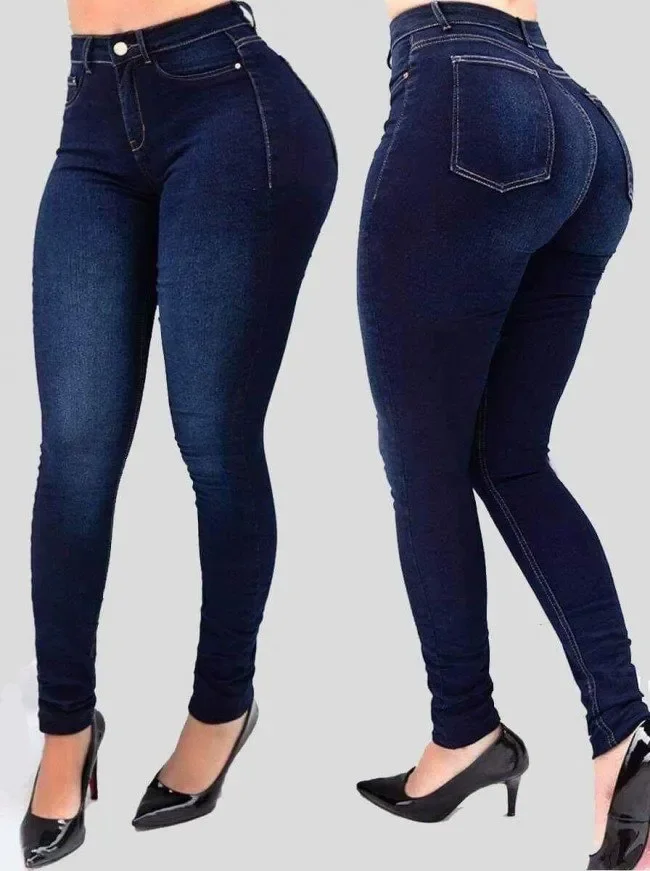 Women's High-Waisted Jeans - Pure Color Denim Pants for Shaping and Flattering Figure Women's High-Waisted Jeans - Pure Color Denim Pants for Shaping and Flattering Figure