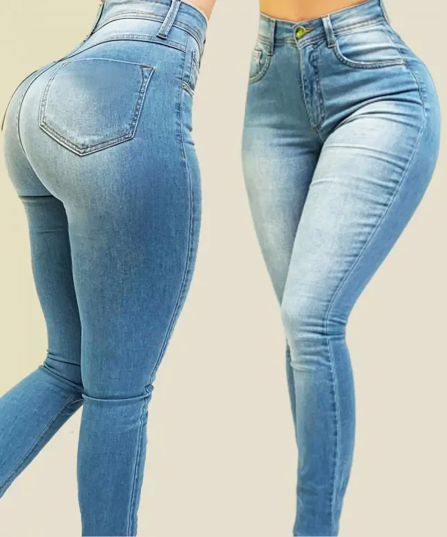 Women's High-Waisted Jeans - Pure Color Denim Pants for Shaping and Flattering Figure Women's High-Waisted Jeans - Pure Color Denim Pants for Shaping and Flattering Figure