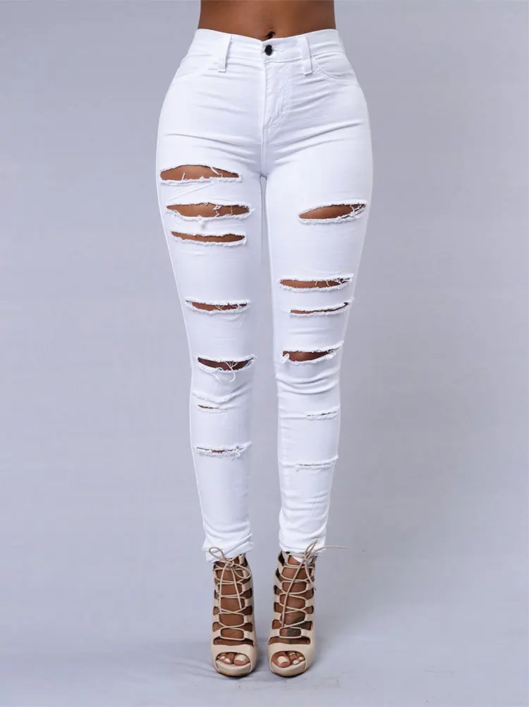 2025 Spring/Summer Ripped Skinny Jeans - Elastic Black and White Denim Pencil Pants, Sizes S-3XL 2025 Spring/Summer Ripped Skinny Jeans - Elastic Black and White Denim Pencil Pants, Sizes S-3XL